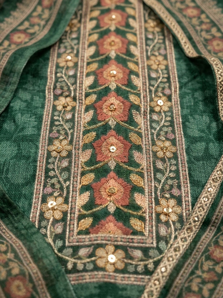 Green Printed Chanderi Unstitched Dress Material
