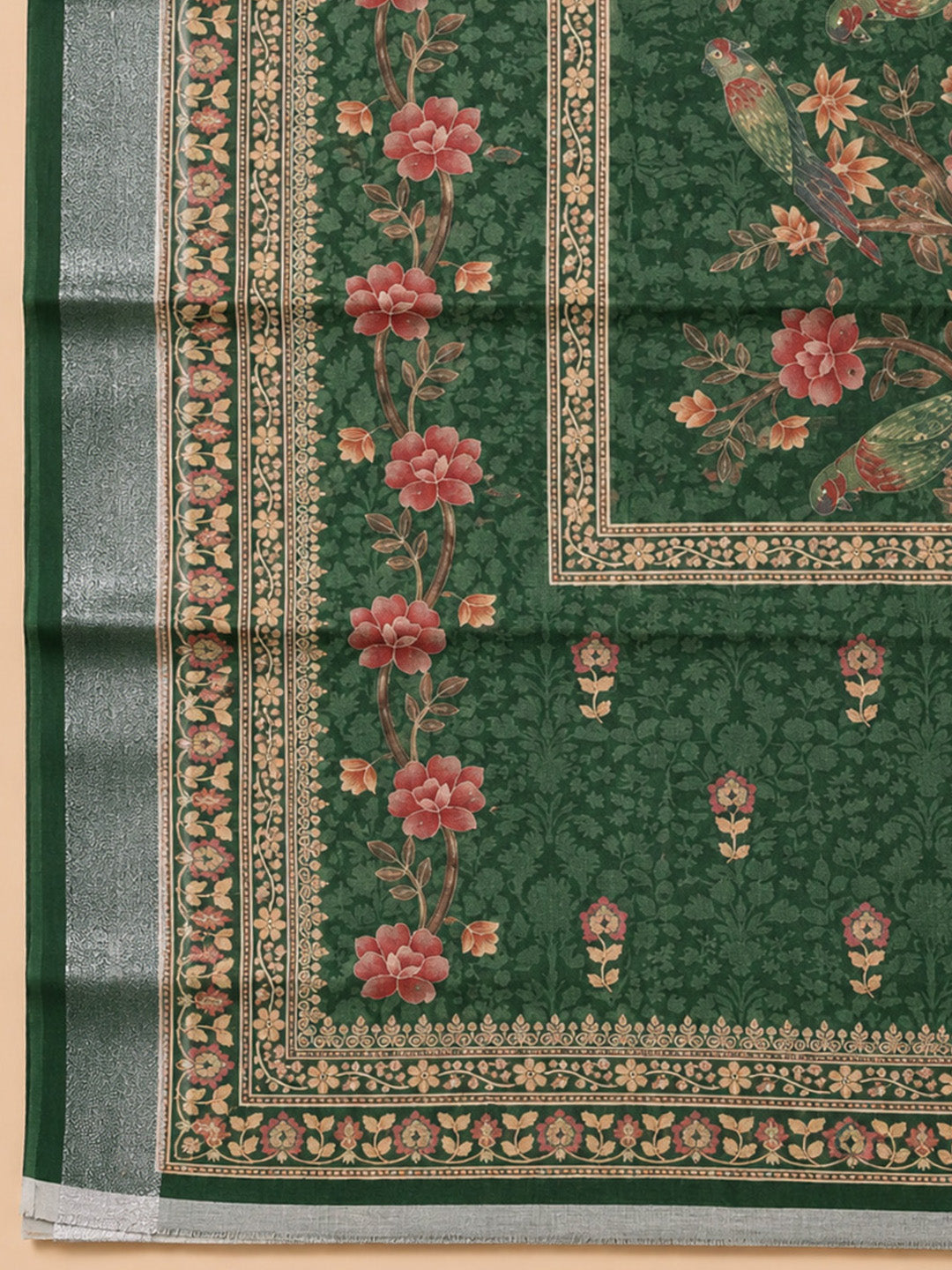 Green Printed Chanderi Unstitched Dress Material