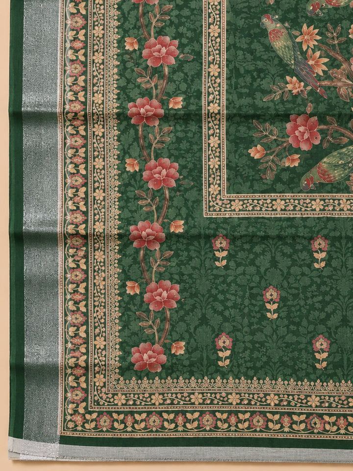 Green Printed Chanderi Unstitched Dress Material