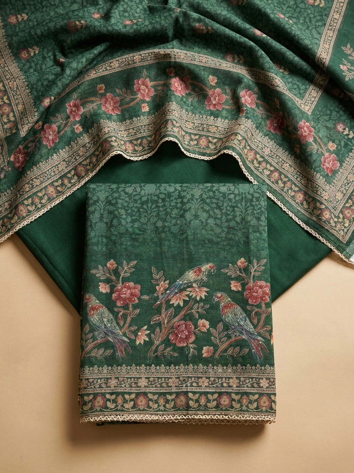 Green Printed Chanderi Unstitched Dress Material