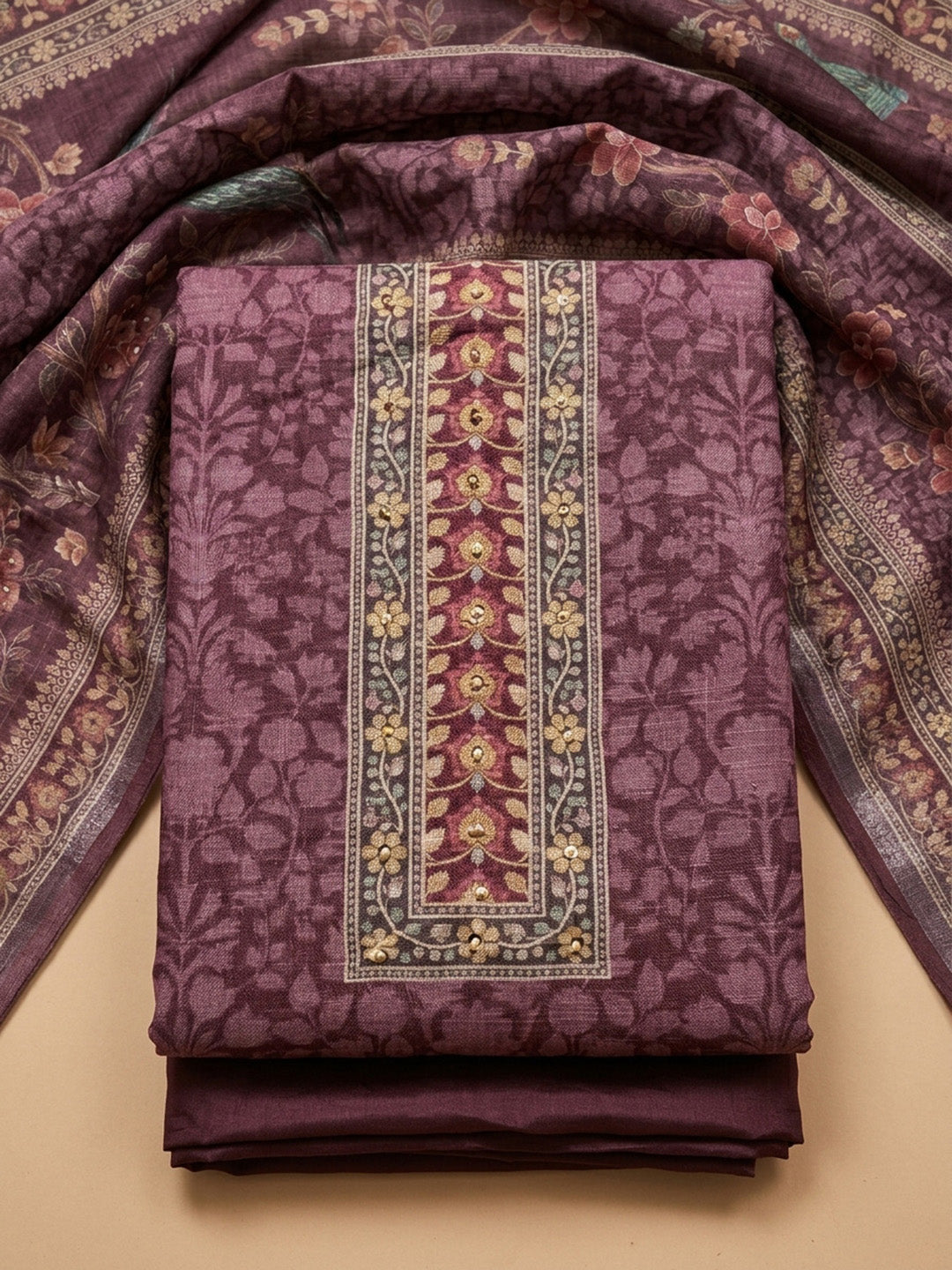 Onion Pink Printed Chanderi Unstitched Dress Material