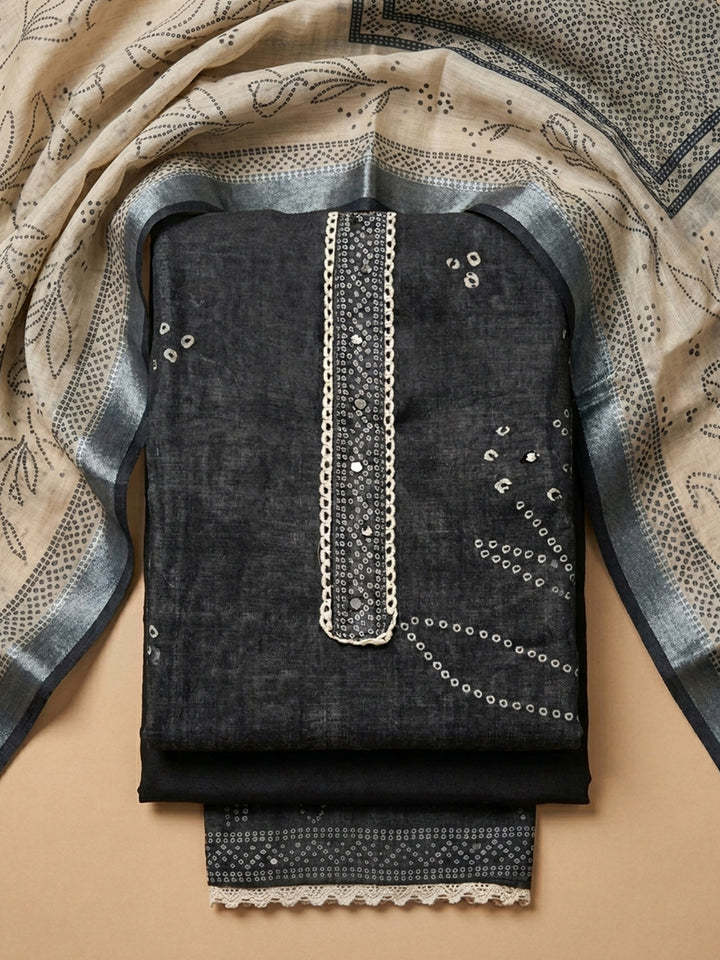 Black Printed Linen Blend Unstitched Dress Material