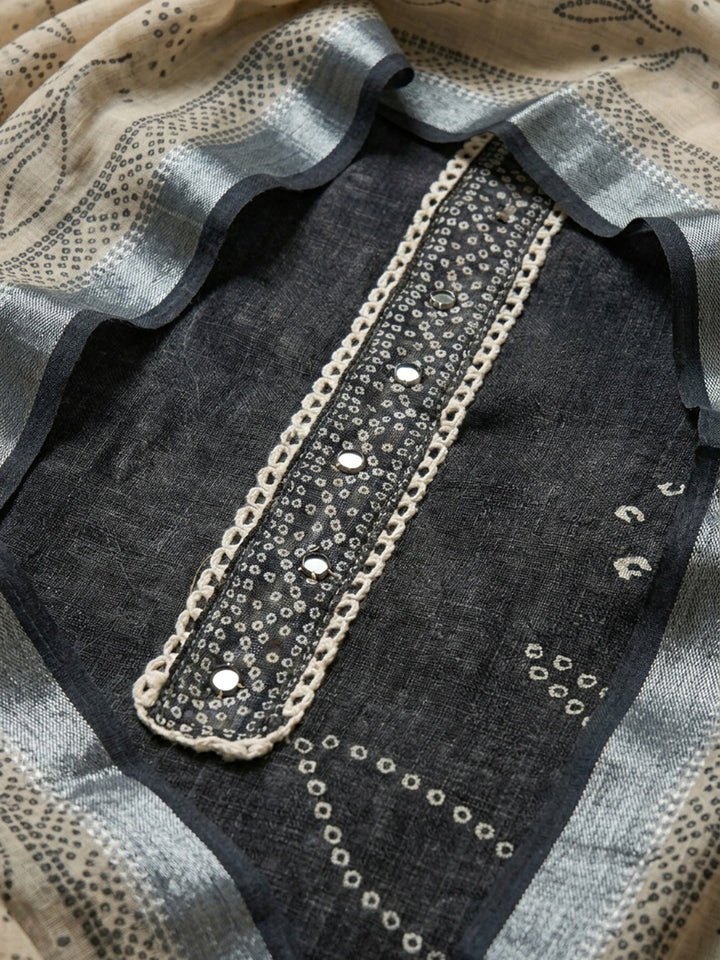 Black Printed Linen Blend Unstitched Dress Material