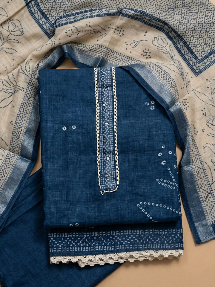 Blue Printed Linen Blend Unstitched Dress Material