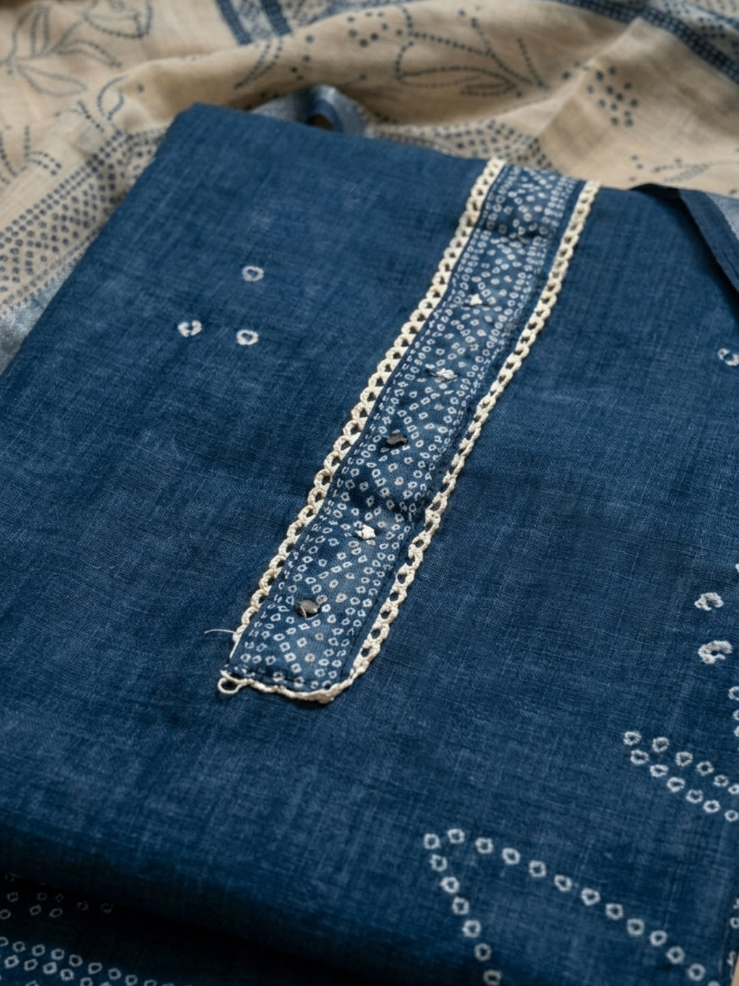Blue Printed Linen Blend Unstitched Dress Material