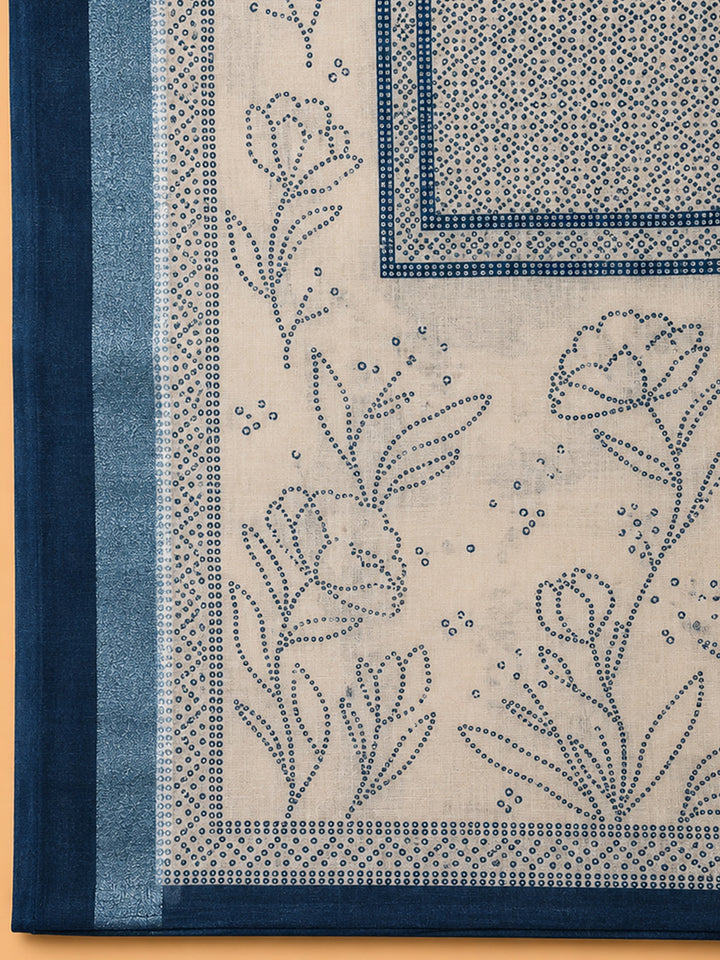 Blue Printed Linen Blend Unstitched Dress Material