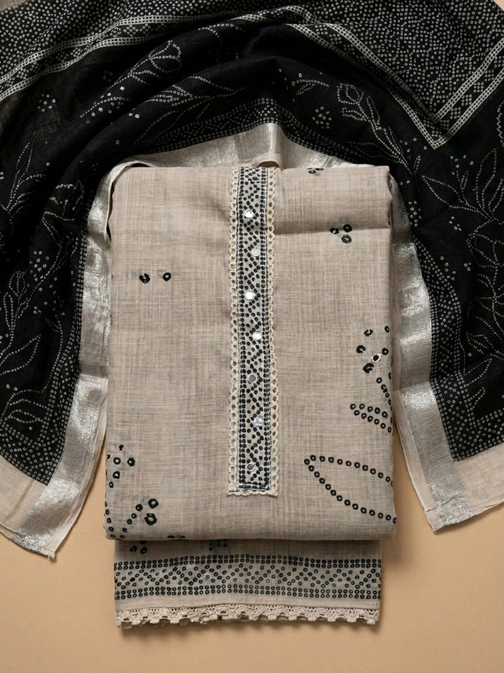 Off White Printed Linen Blend Unstitched Dress Material