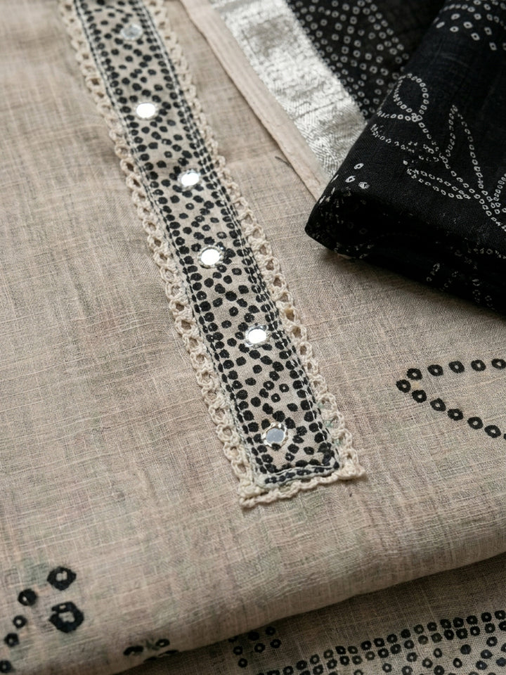 Off White Printed Linen Blend Unstitched Dress Material