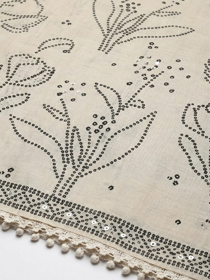 Off White Printed Linen Blend Unstitched Dress Material