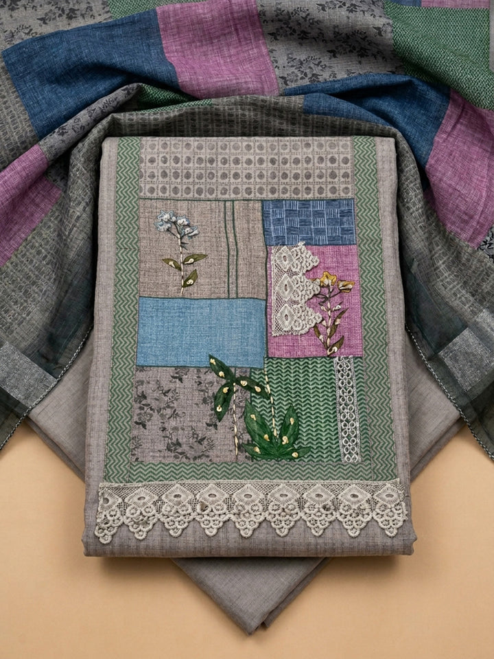Sea Green Printed Linen Blend Unstitched Dress Material