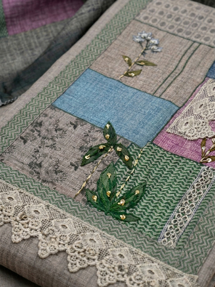 Sea Green Printed Linen Blend Unstitched Dress Material