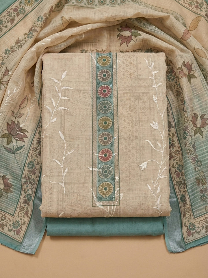 Aqua Blue Printed Linen Blend Unstitched Dress Material