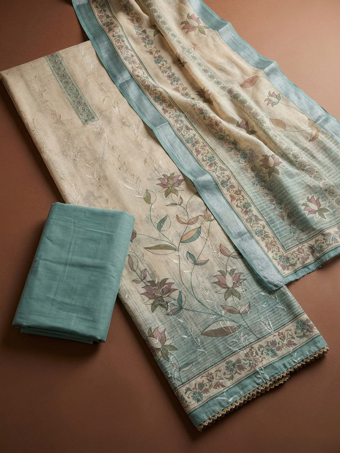 Aqua Blue Printed Linen Blend Unstitched Dress Material