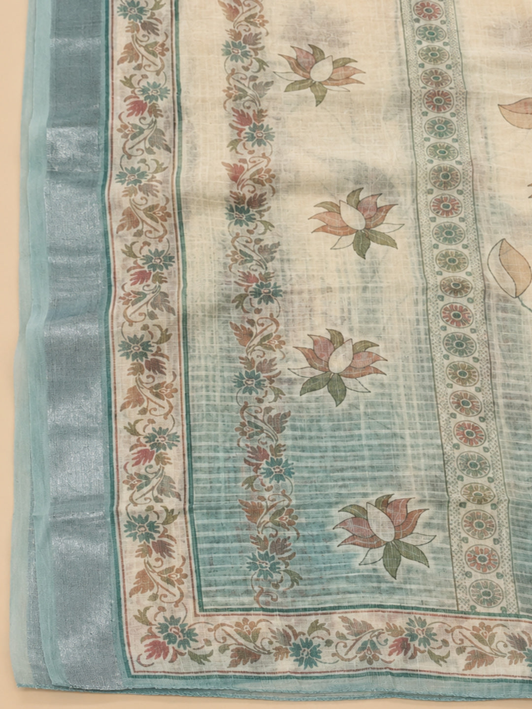 Aqua Blue Printed Linen Blend Unstitched Dress Material