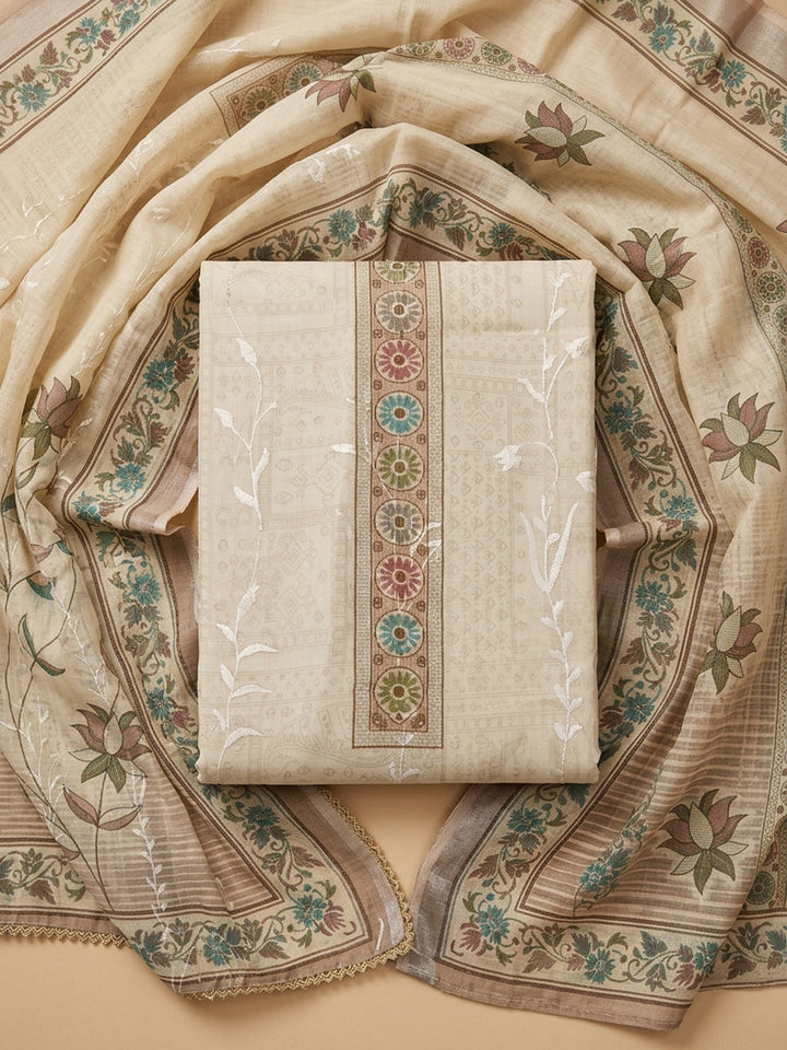 Beige Printed Linen Blend Unstitched Dress Material