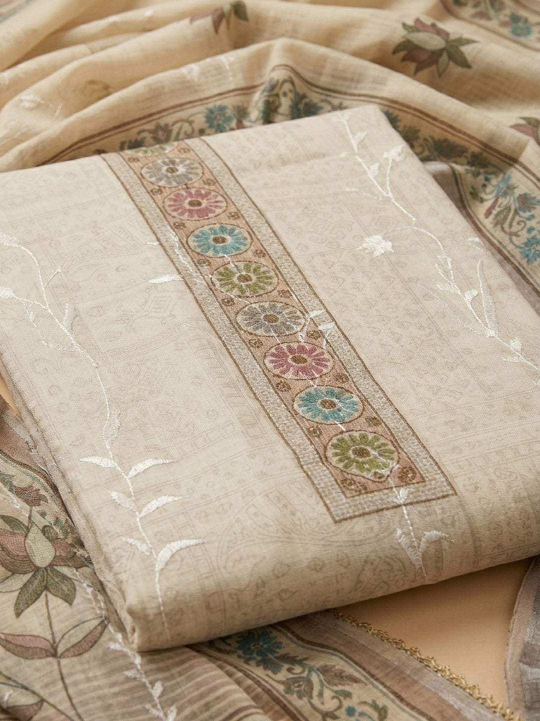Beige Printed Linen Blend Unstitched Dress Material