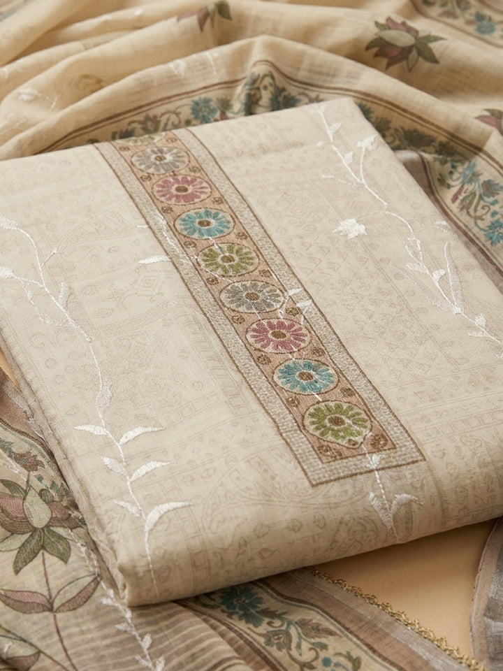 Beige Printed Linen Blend Unstitched Dress Material