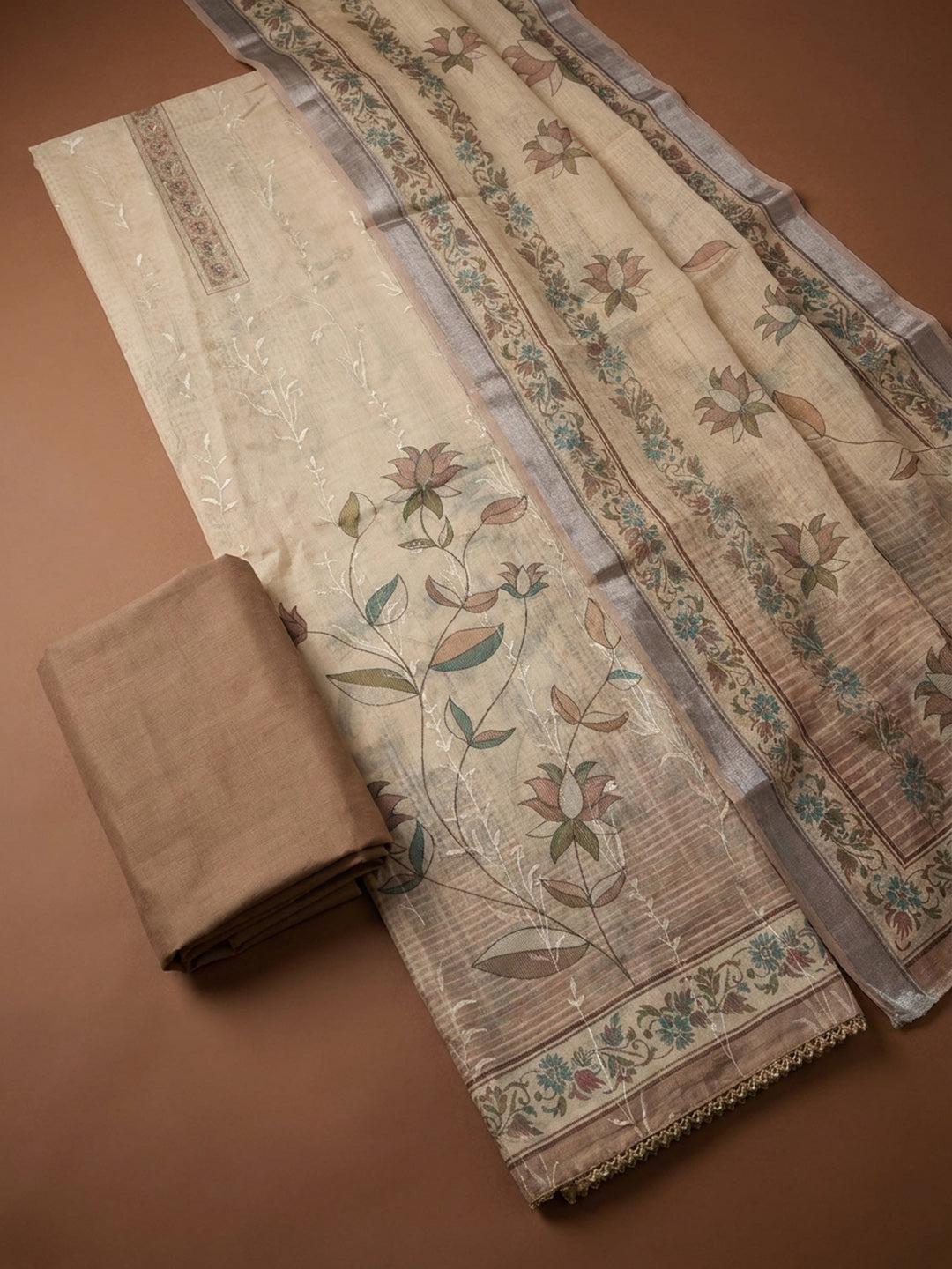 Beige Printed Linen Blend Unstitched Dress Material