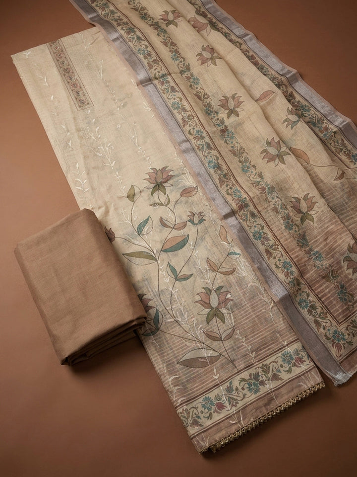 Beige Printed Linen Blend Unstitched Dress Material