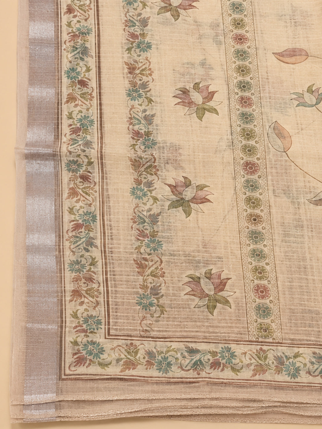 Beige Printed Linen Blend Unstitched Dress Material
