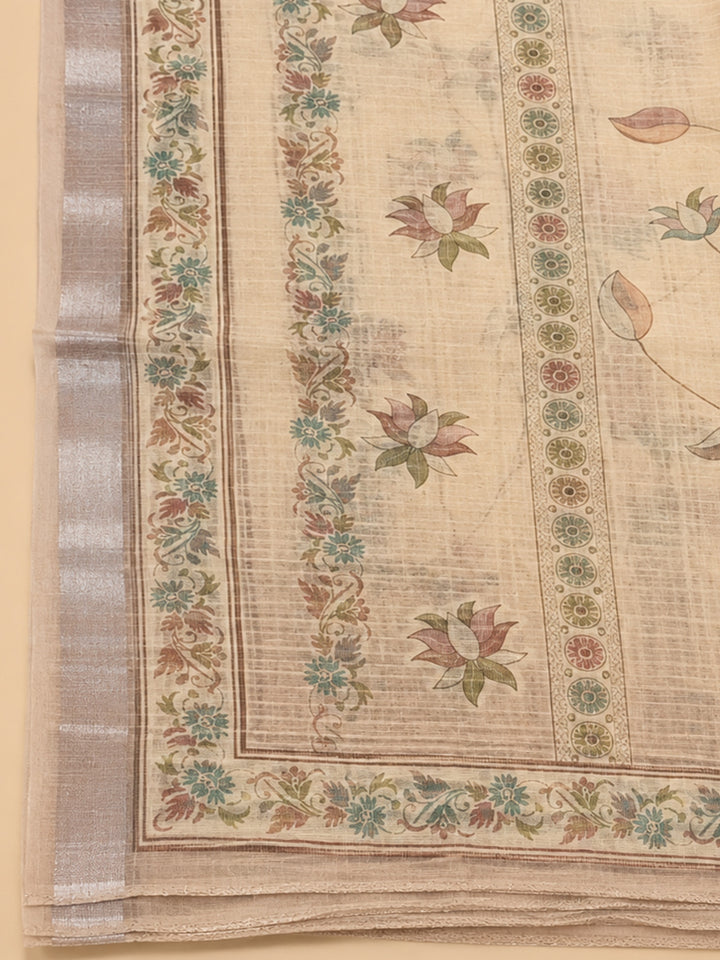 Beige Printed Linen Blend Unstitched Dress Material