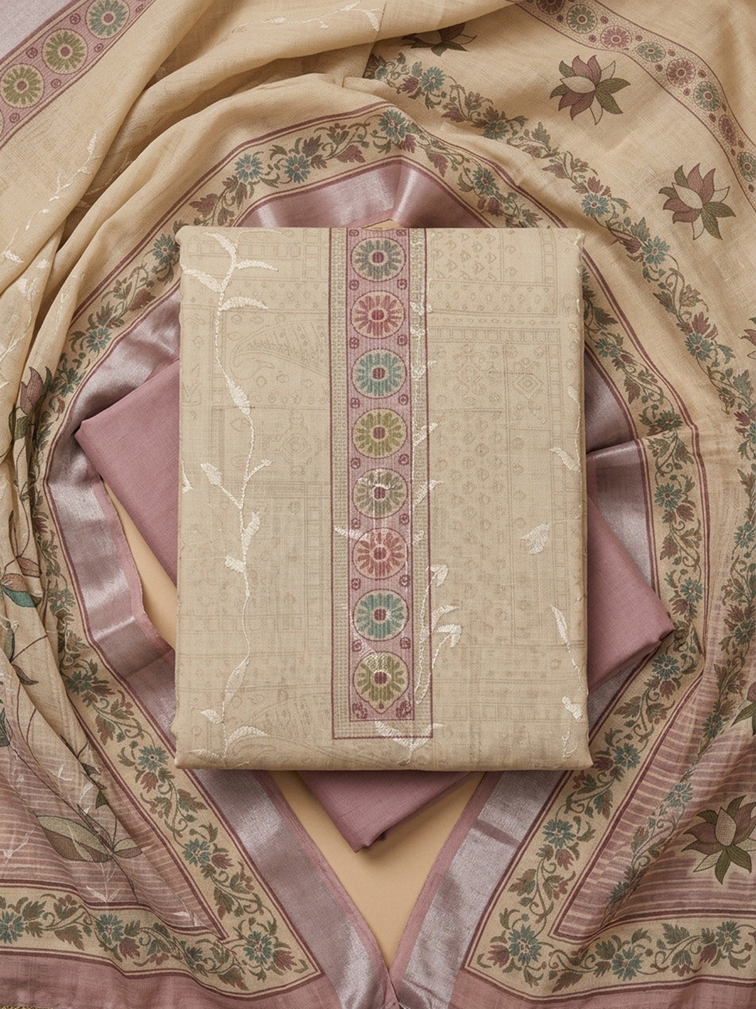 Pink Printed Linen Blend Unstitched Dress Material