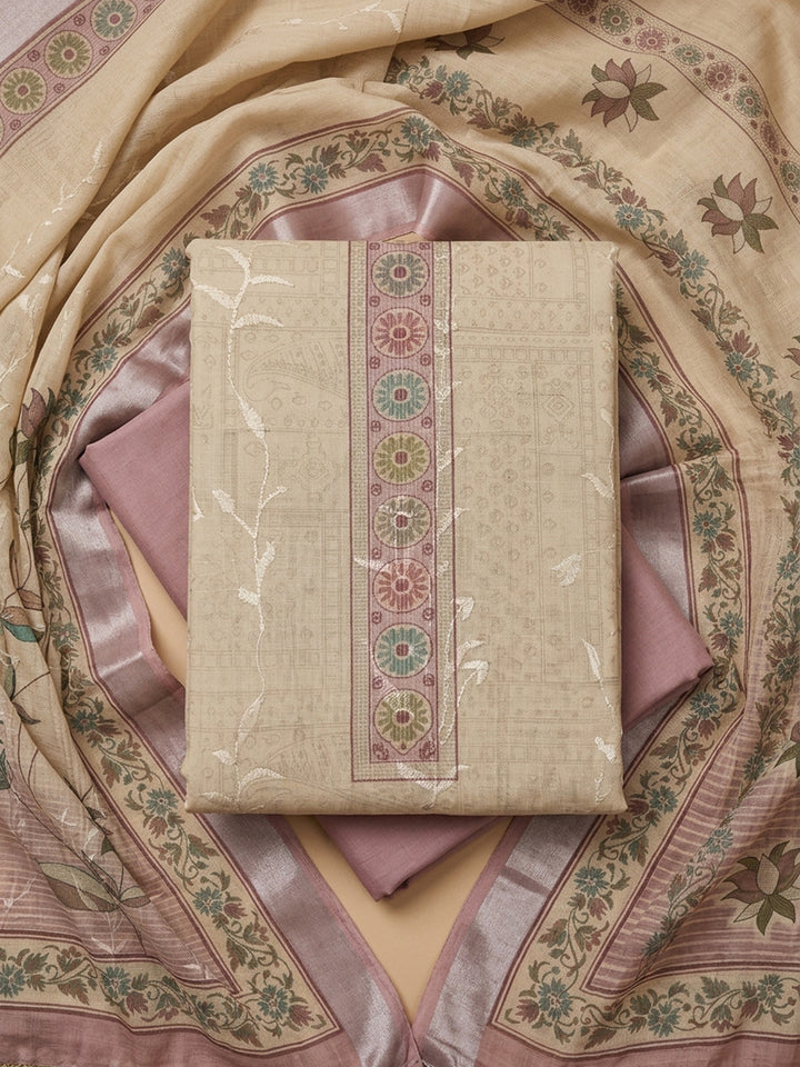 Pink Printed Linen Blend Unstitched Dress Material