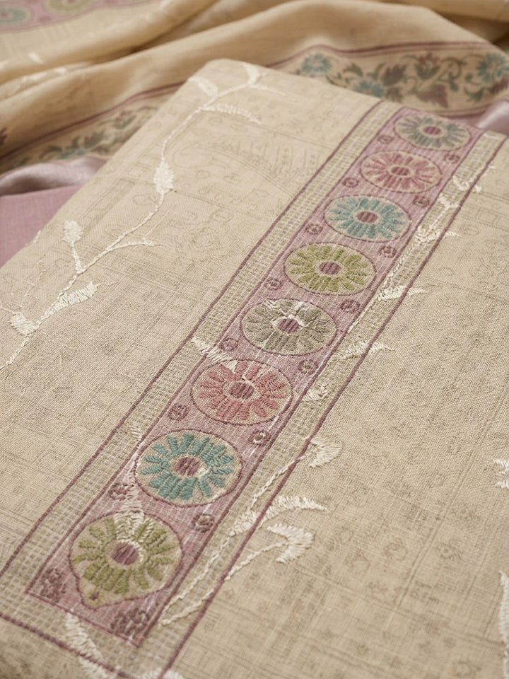 Pink Printed Linen Blend Unstitched Dress Material