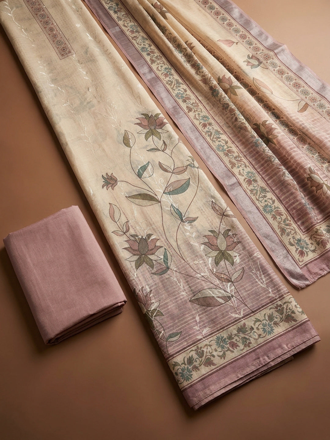 Pink Printed Linen Blend Unstitched Dress Material