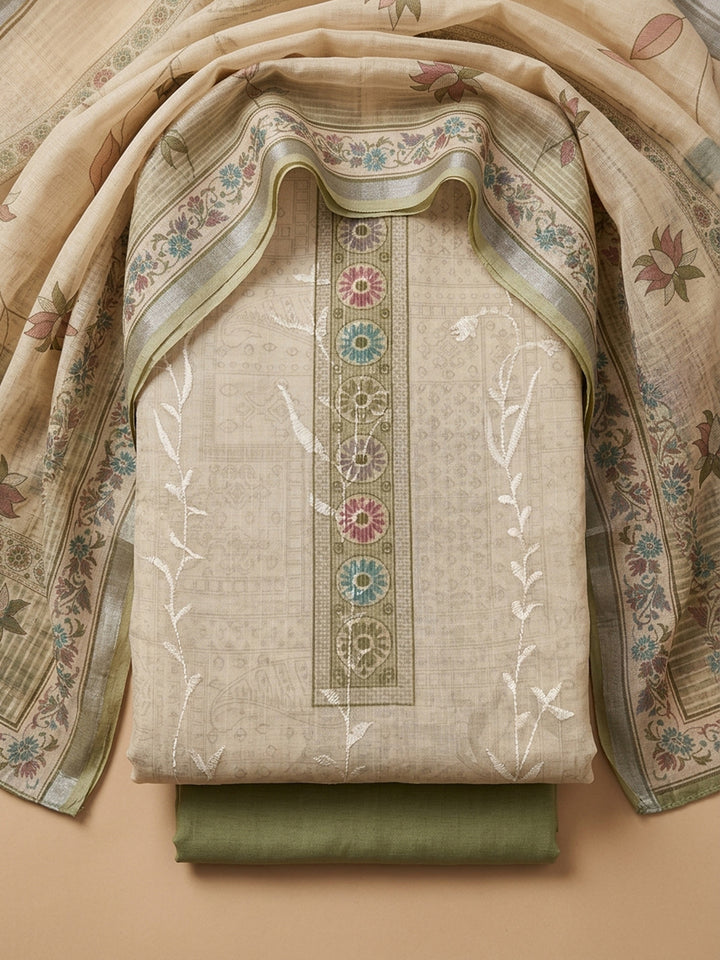 Pista Green Printed Linen Blend Unstitched Dress Material