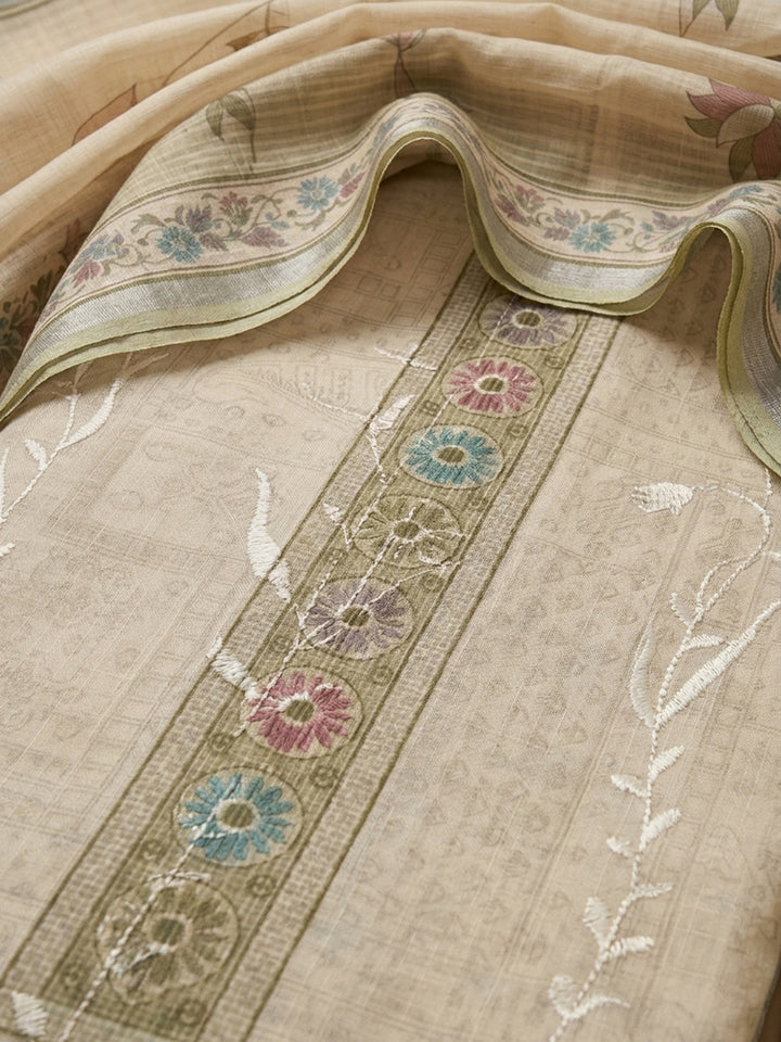 Pista Green Printed Linen Blend Unstitched Dress Material