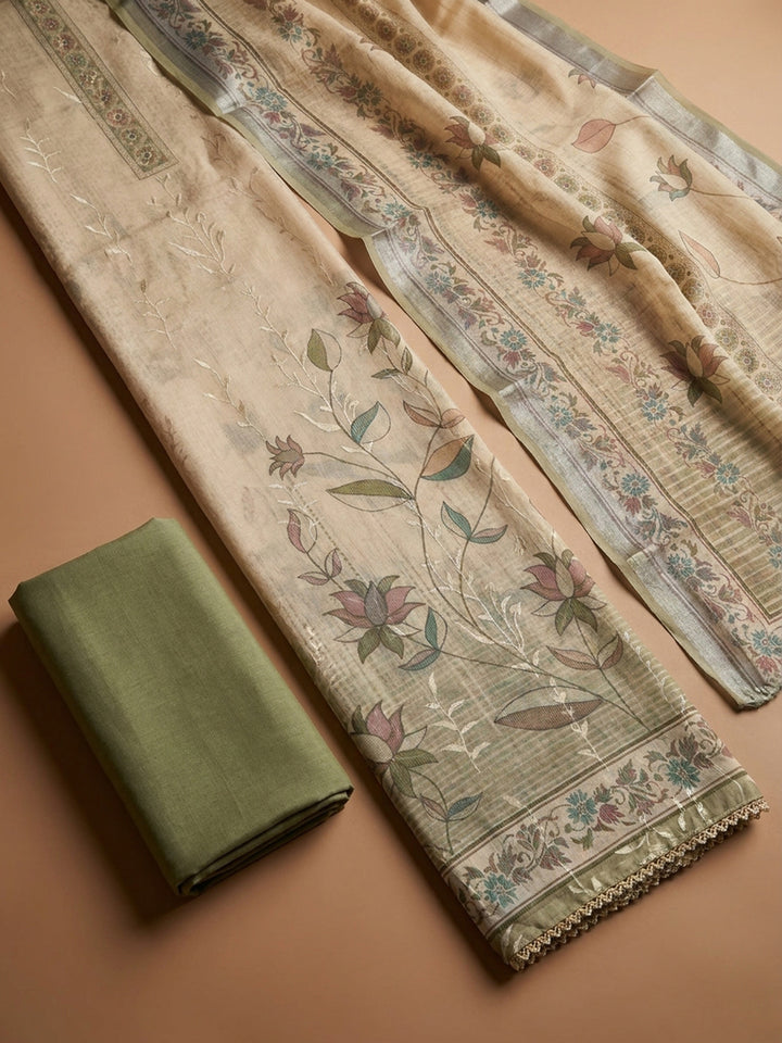 Pista Green Printed Linen Blend Unstitched Dress Material