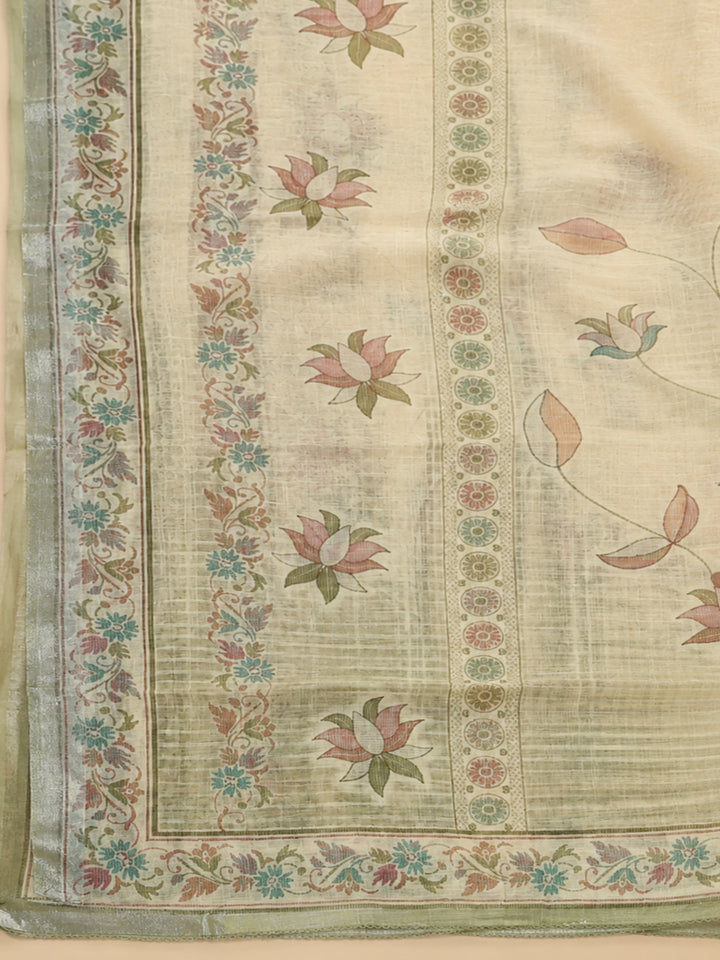 Pista Green Printed Linen Blend Unstitched Dress Material
