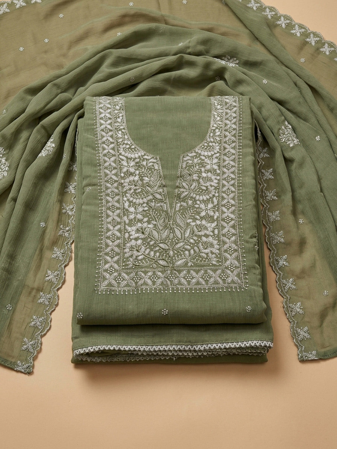 Green Embroidery Chanderi Unstitched Dress Material