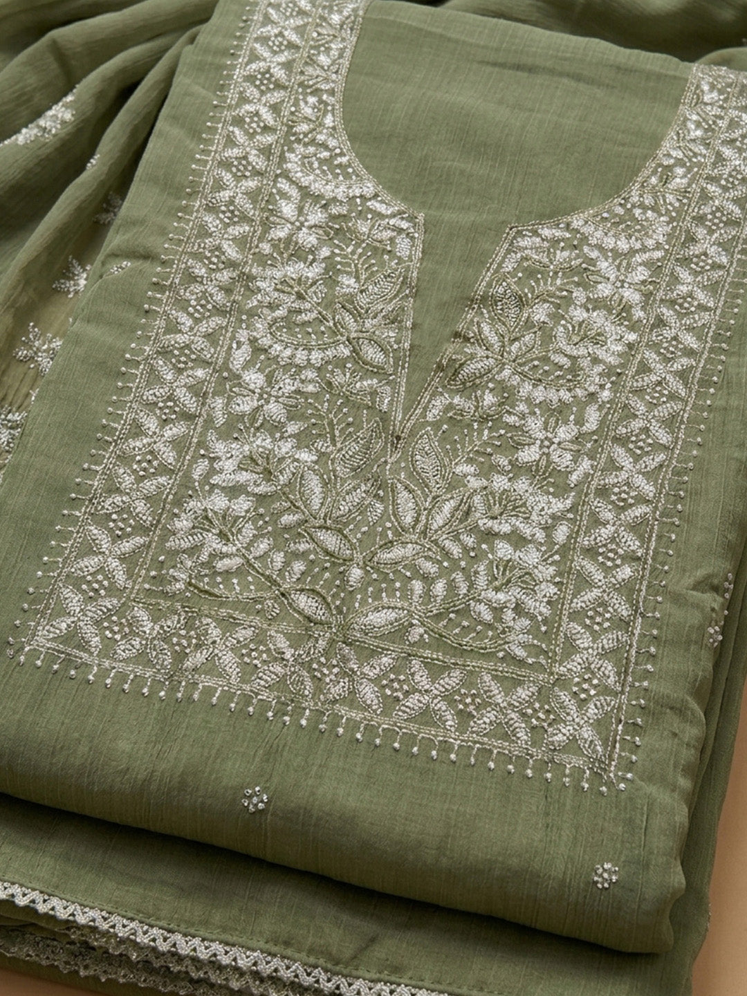 Green Embroidery Chanderi Unstitched Dress Material