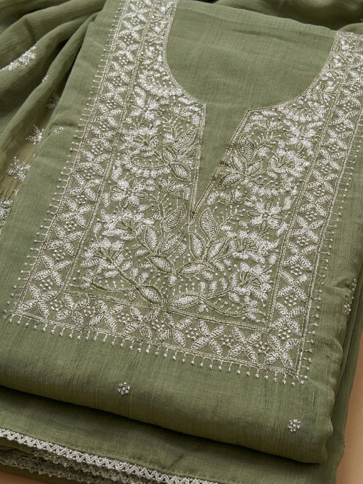 Green Embroidery Chanderi Unstitched Dress Material