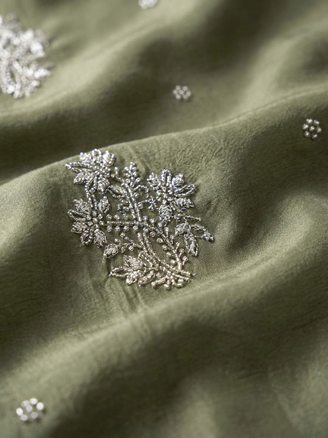 Green Embroidery Chanderi Unstitched Dress Material