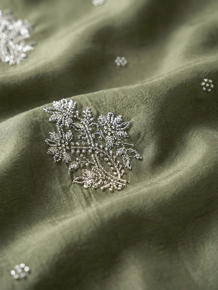 Green Embroidery Chanderi Unstitched Dress Material