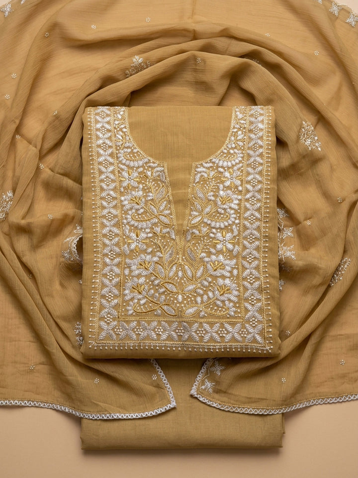 Mustard Embroidery Chanderi Unstitched Dress Material