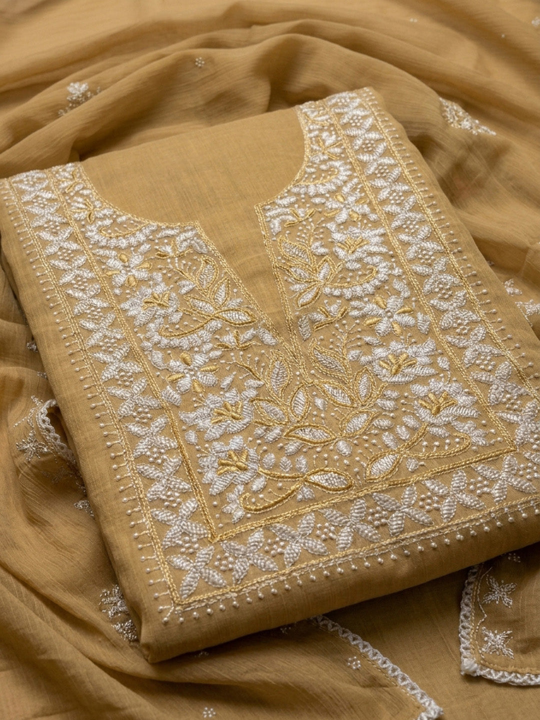 Mustard Embroidery Chanderi Unstitched Dress Material