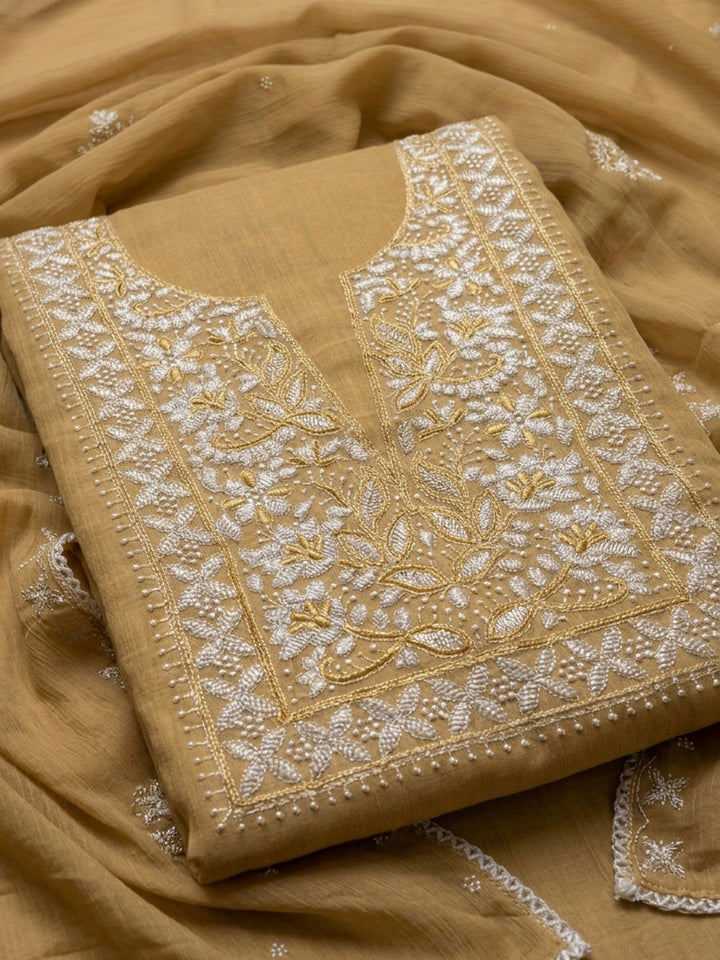 Mustard Embroidery Chanderi Unstitched Dress Material