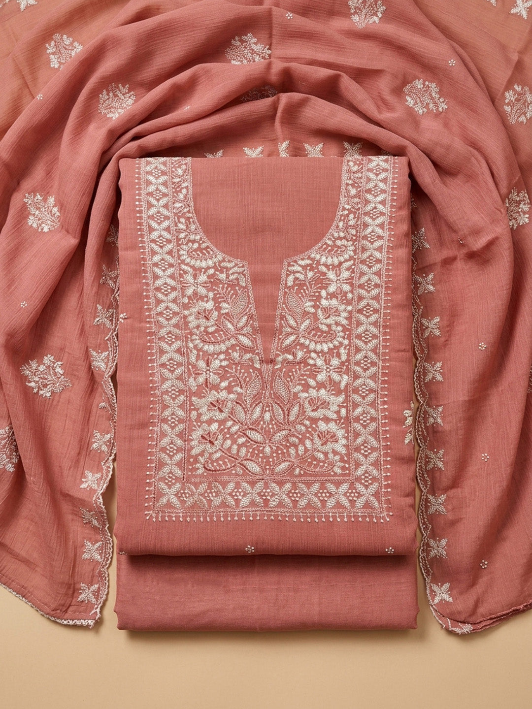 Peach Embroidery Chanderi Unstitched Dress Material