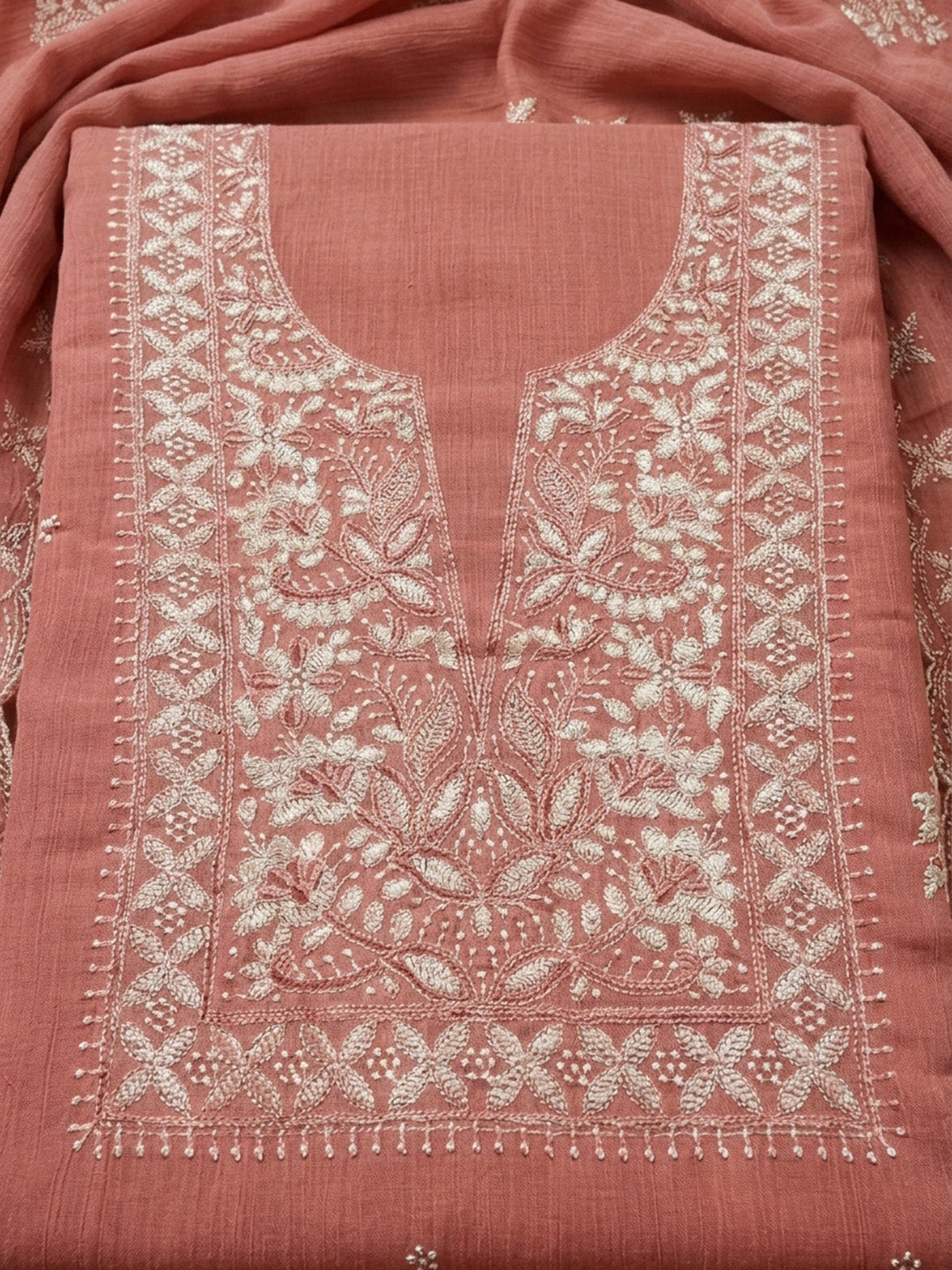 Peach Embroidery Chanderi Unstitched Dress Material