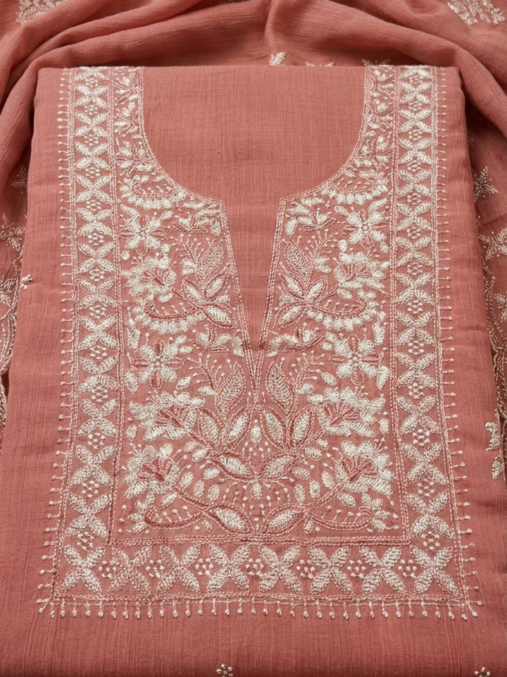 Peach Embroidery Chanderi Unstitched Dress Material