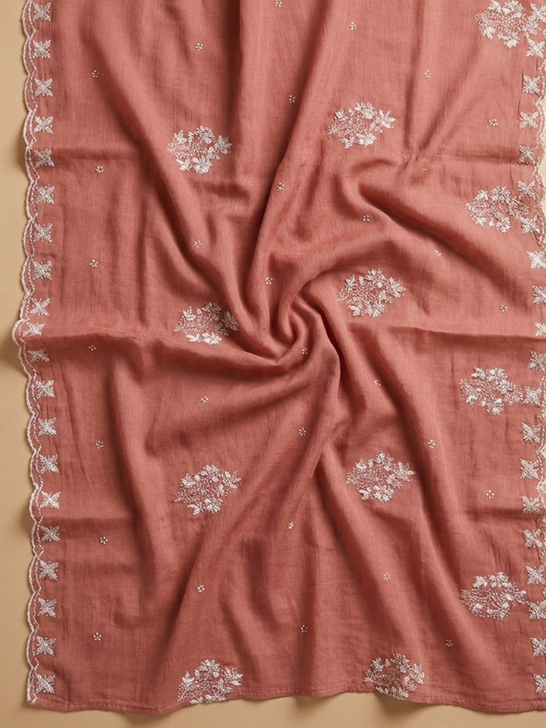 Peach Embroidery Chanderi Unstitched Dress Material