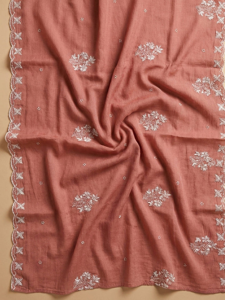 Peach Embroidery Chanderi Unstitched Dress Material