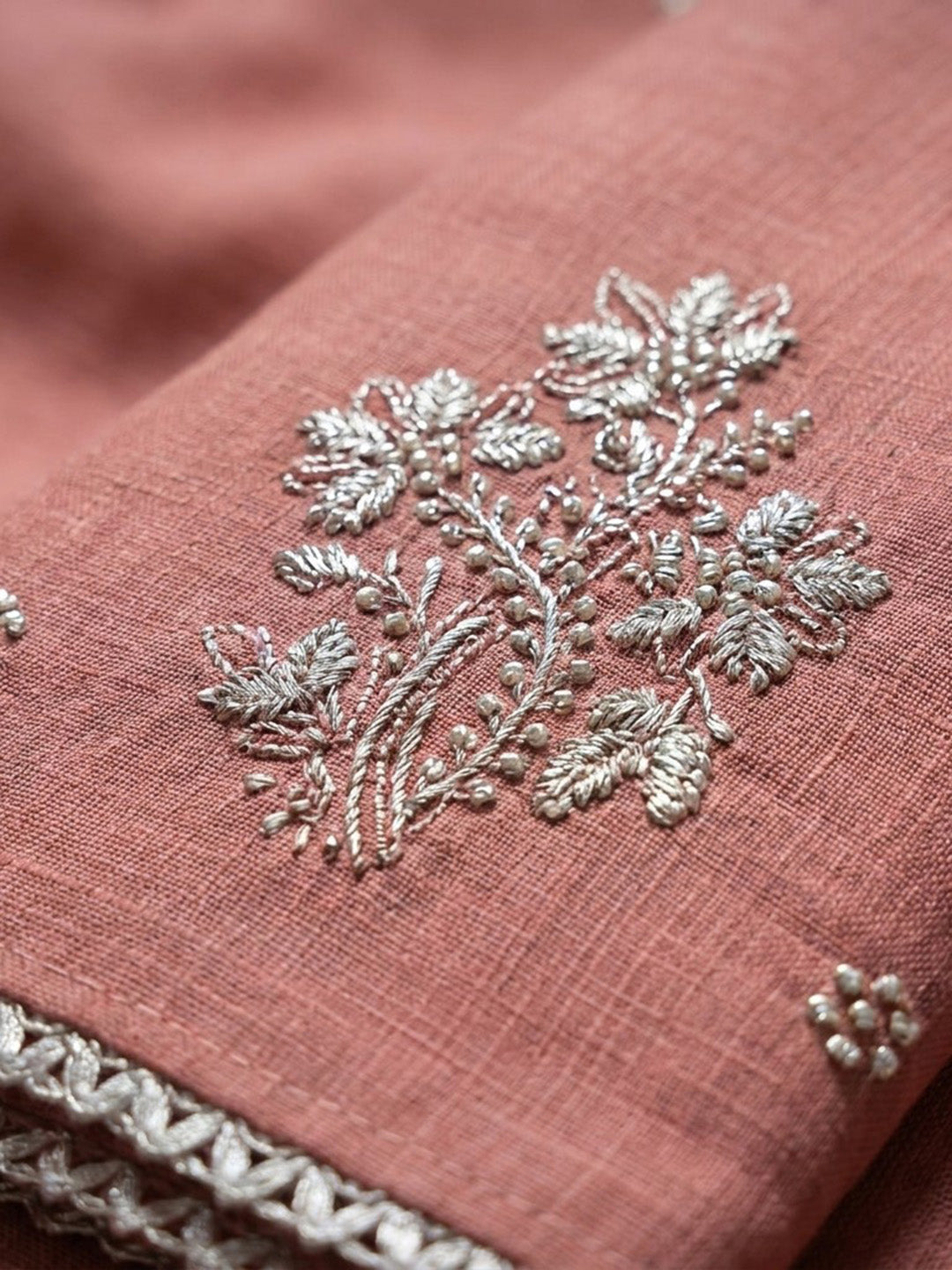 Peach Embroidery Chanderi Unstitched Dress Material
