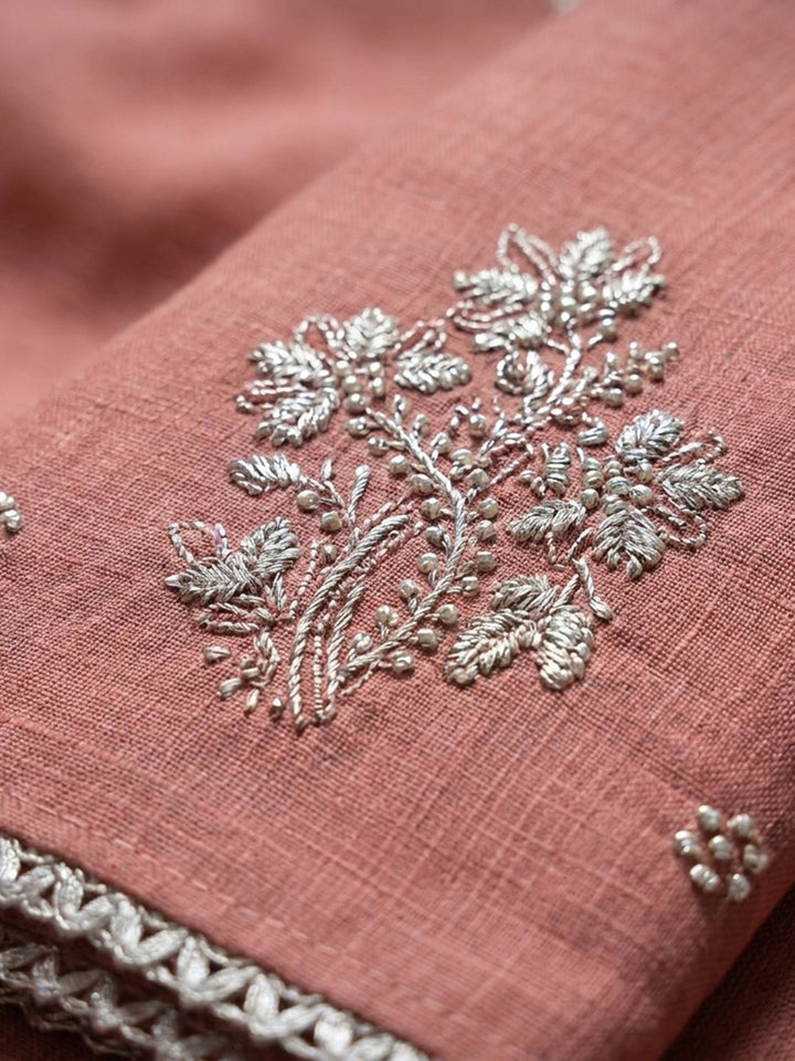 Peach Embroidery Chanderi Unstitched Dress Material