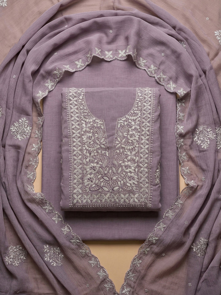 Purple Embroidery Chanderi Unstitched Dress Material