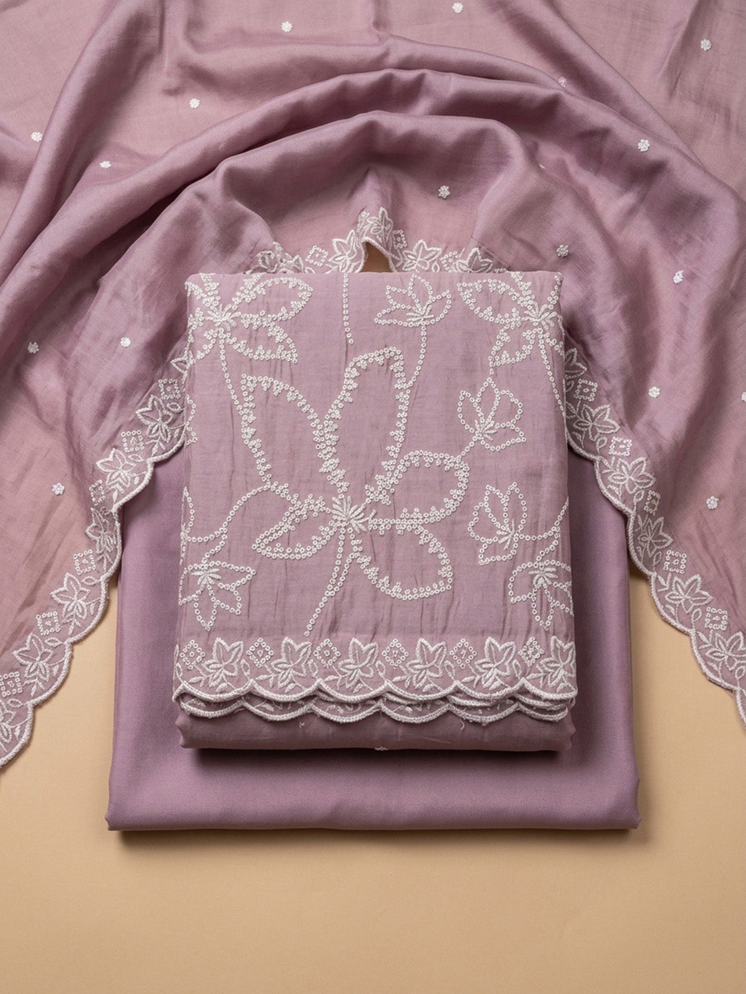 Onion Pink Embroidery Chanderi Unstitched Dress Material